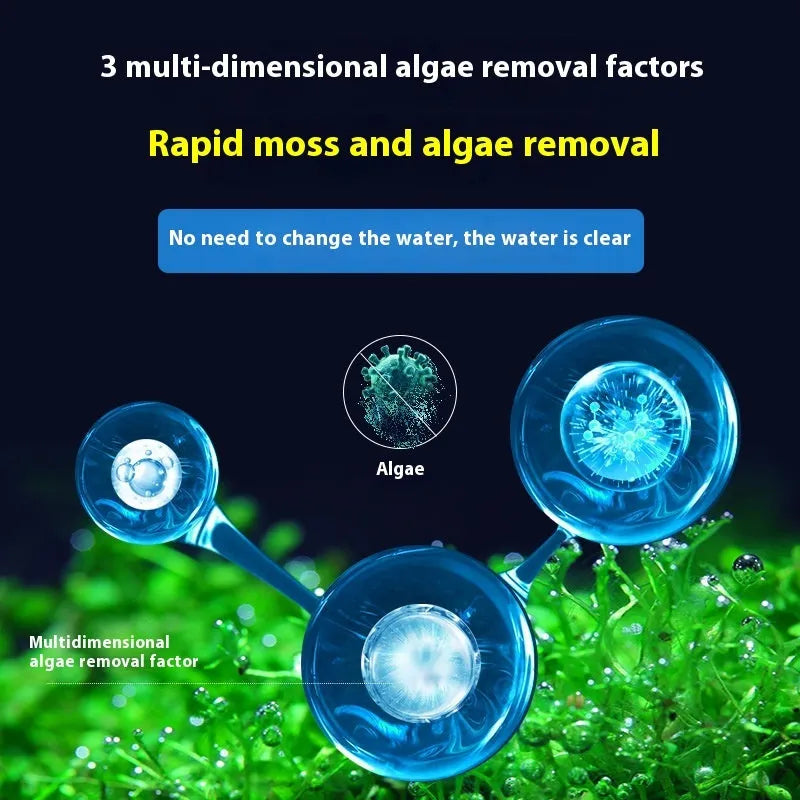 Three bottles of concentrated fish tank algaecide in 300ml, 700ml, and 1100ml sizes for freshwater aquarium and pond treatment