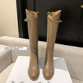 First layer cowhide lock knight boots for women, black, round toe, low heel, back zipper, genuine leather knee-high boots