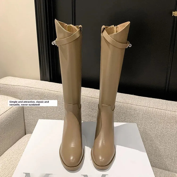 First layer cowhide lock knight boots for women, black, round toe, low heel, back zipper, genuine leather knee-high boots
