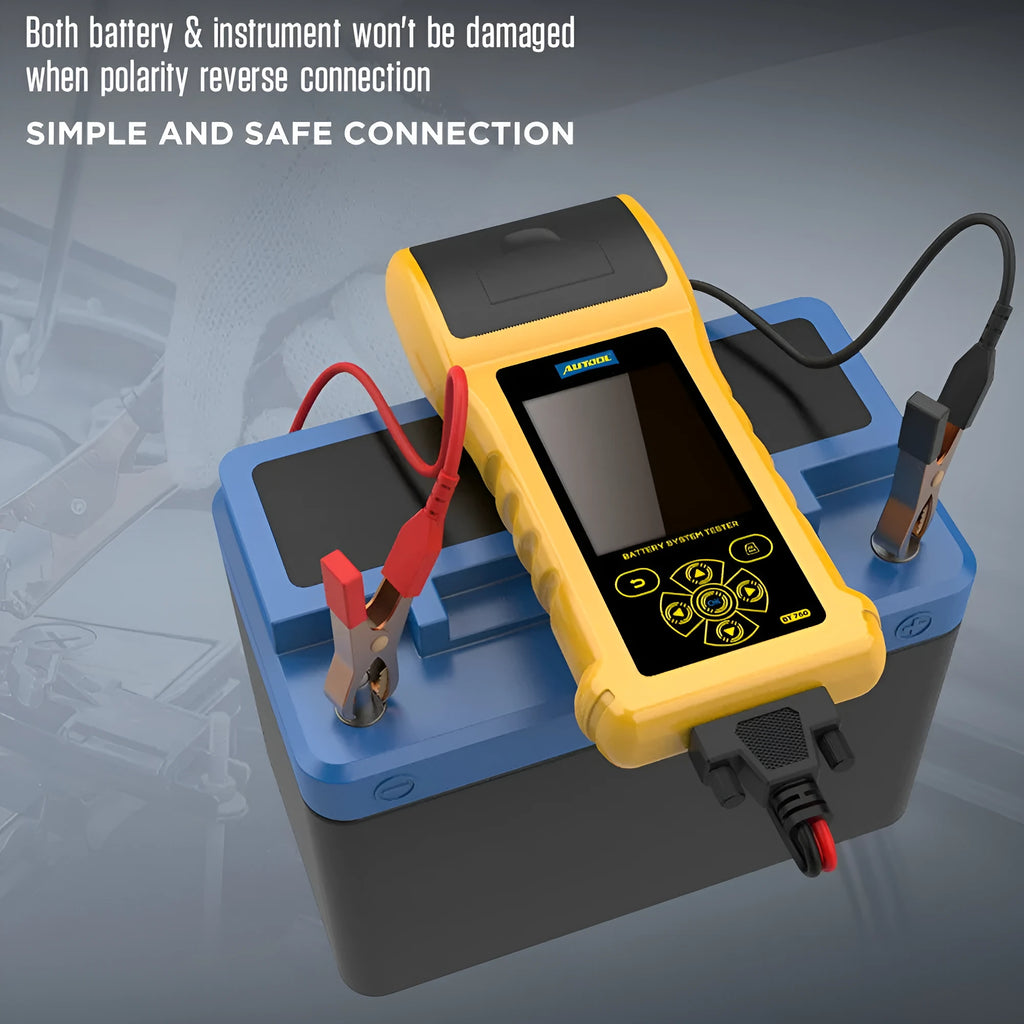 Autool BT760 vehicle battery tester with colour screen, thermal printer, and battery clip cables.