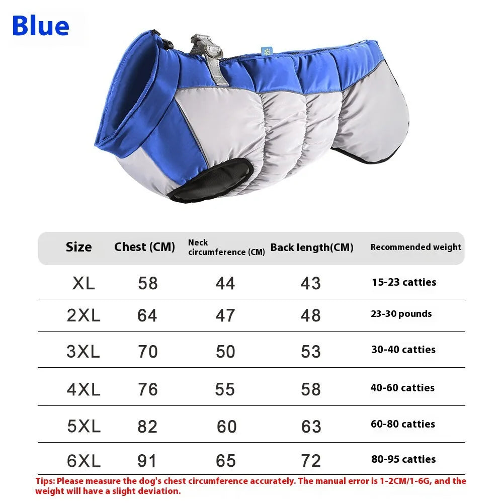 Big dog wearing reflective waterproof winter coat in polar fleece
