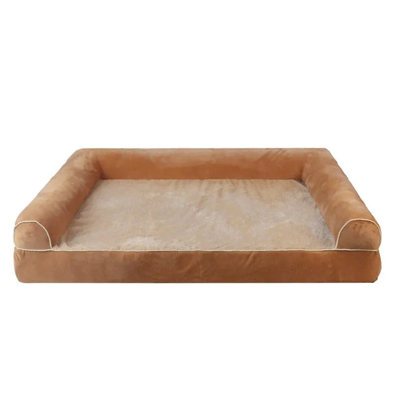 A square blue cloth dog bed with a sponge interior, shown next to size and colour options.