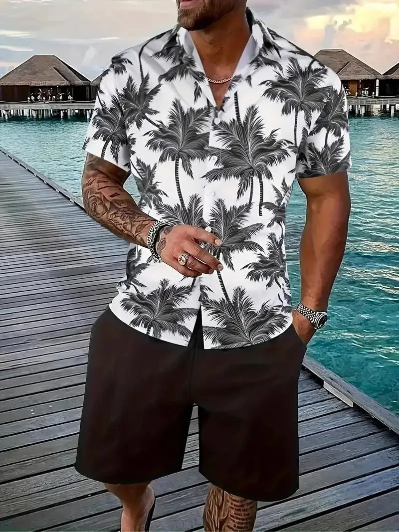 Men's Hawaii-themed short sleeve suit set with printed top and matching shorts on a hanger