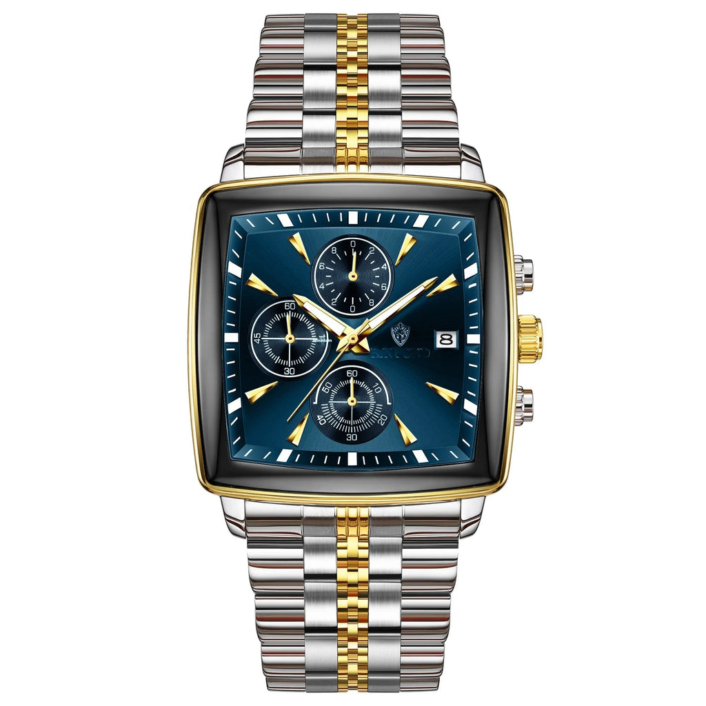 Men's rectangular dial quartz watch with luminous hands and stainless steel strap in gold-black colour combination