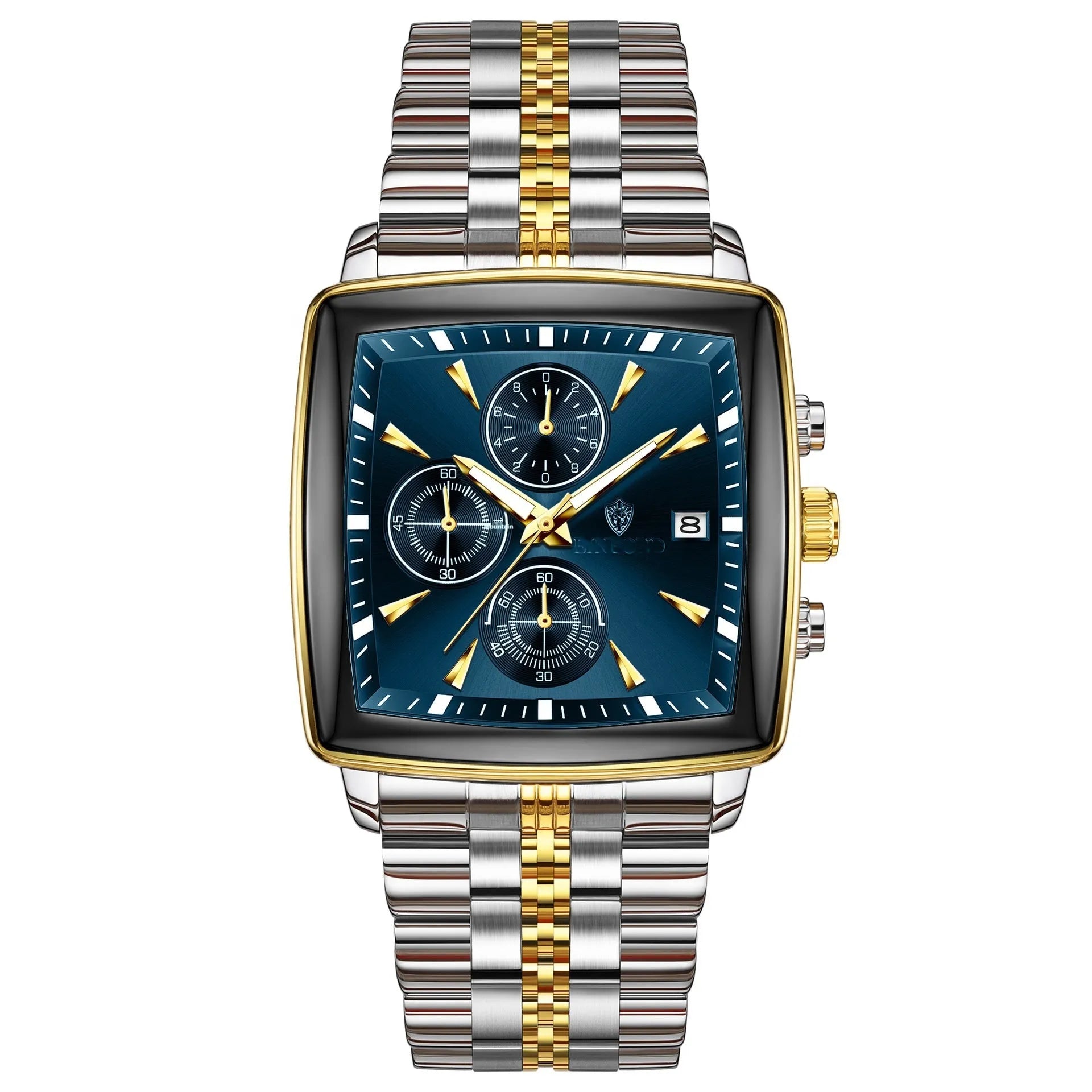 Men's rectangular dial quartz watch with luminous hands and stainless steel strap in gold-black colour combination