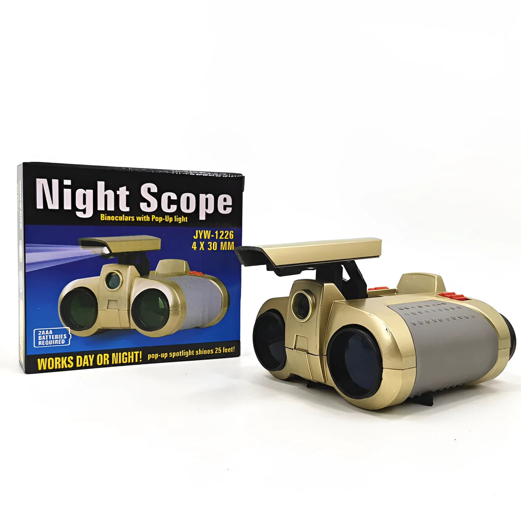 Children's telescope with light binoculars on a green field during sunset, showing the built-in light feature