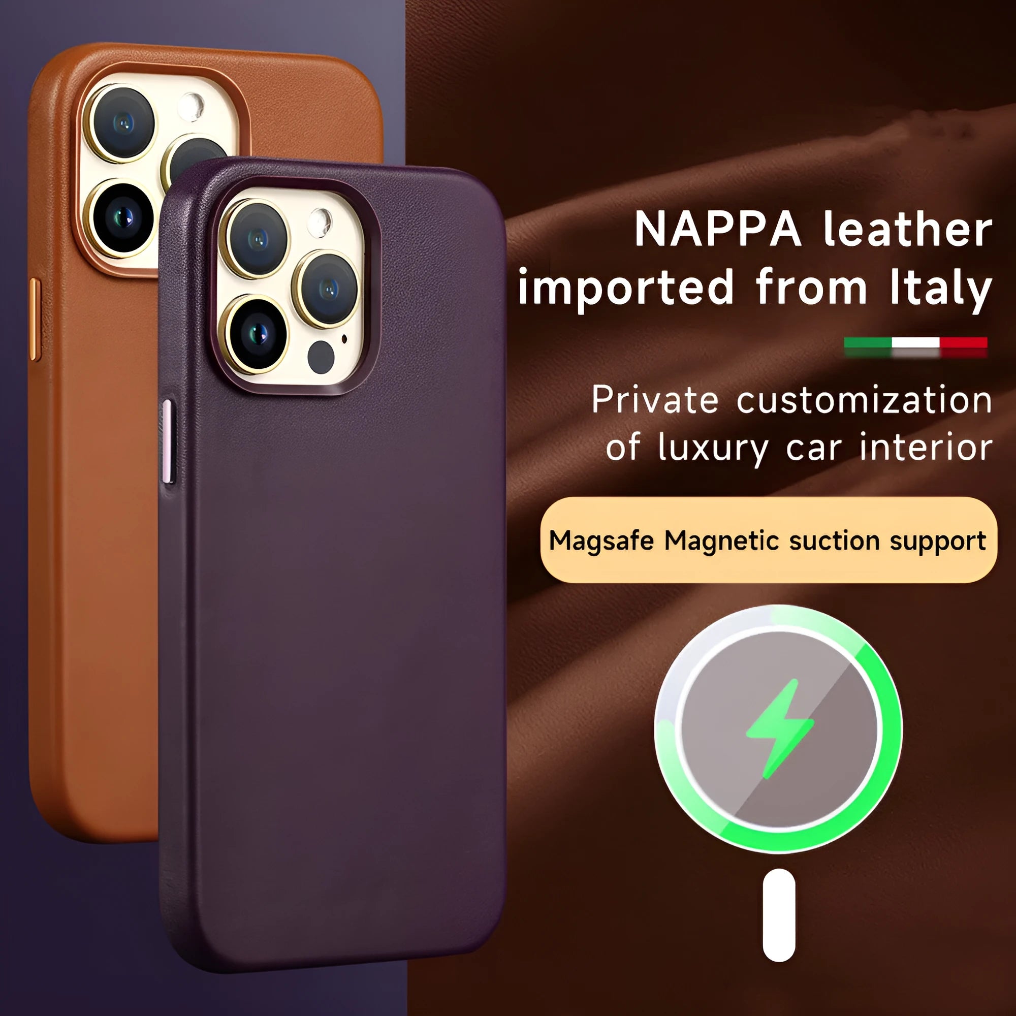 Berry Purple genuine leather magnetic phone case for iPhone 14 Pro showing magnetic adsorption feature