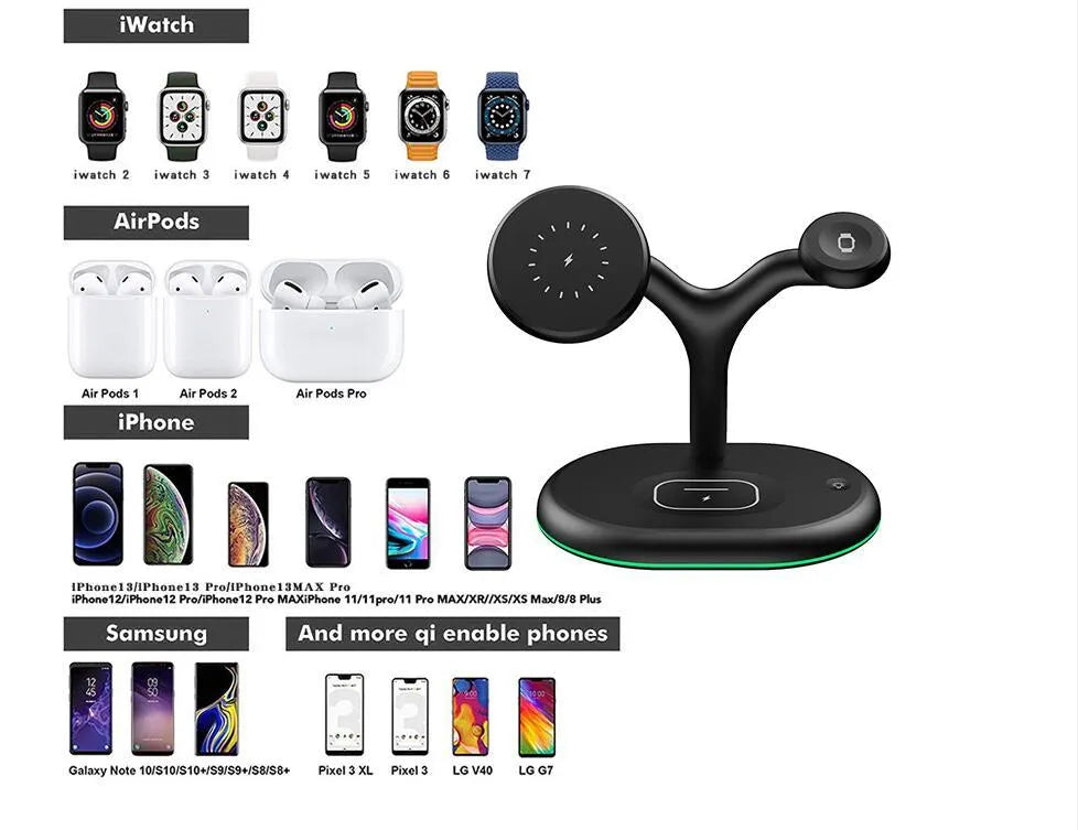 Black magnetic wireless charging stand holding phone upright with included TYPE-C cable