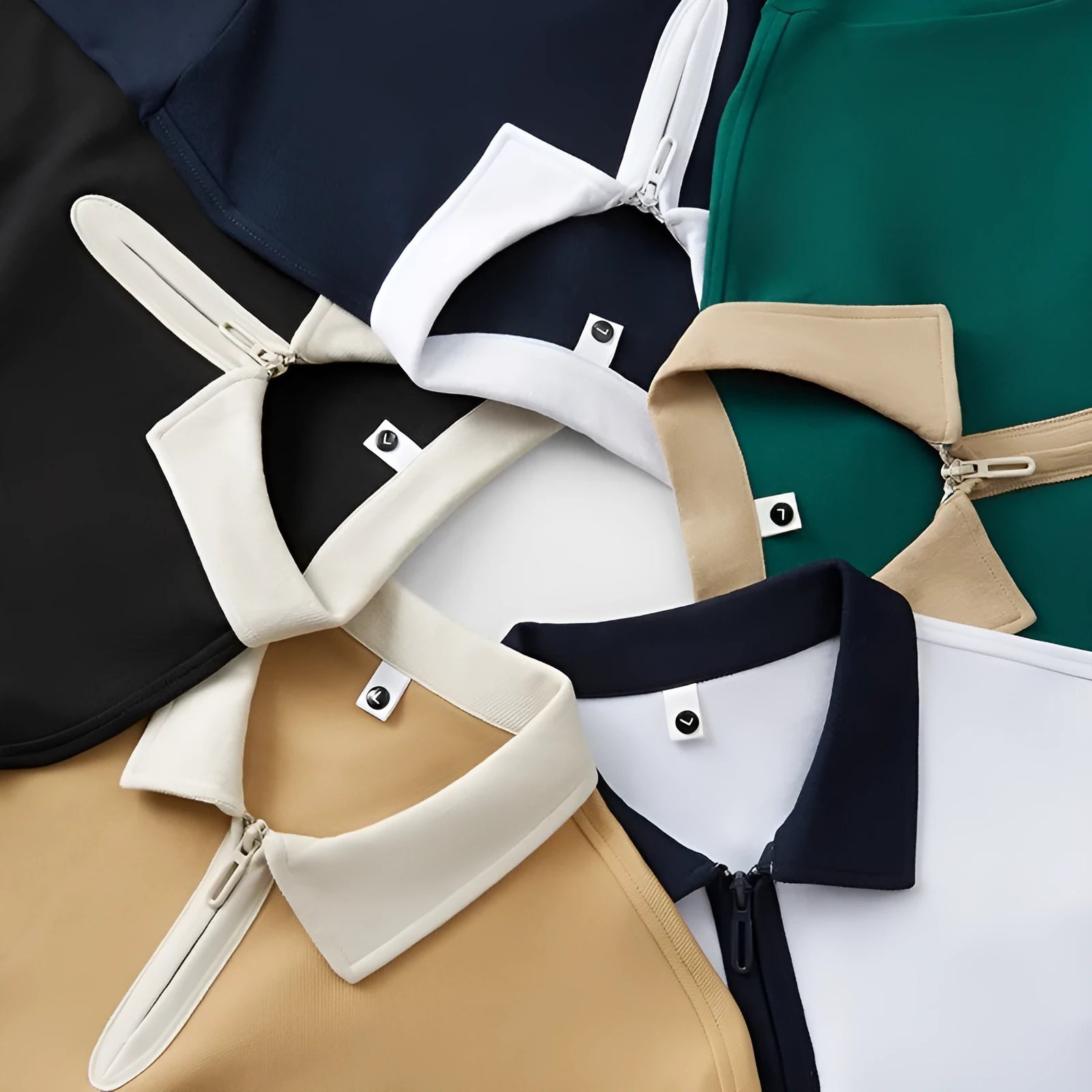 Short sleeve polo shirt with a zipper and lapel front in a solid colour, showing loose fit.
