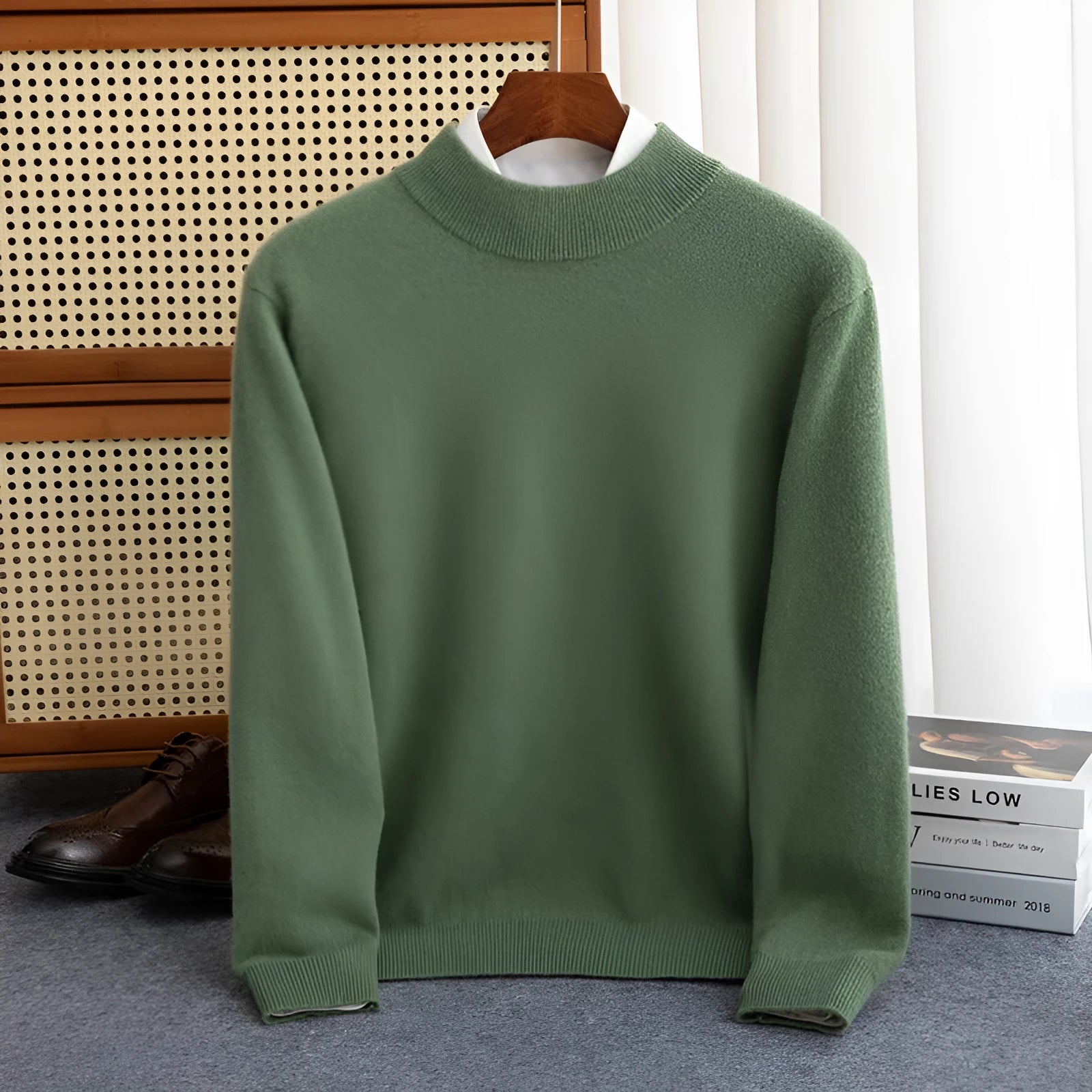 Men's half-collar loose fit wool sweater in a range of colours including black, brown, camel, grey, blue, and red.