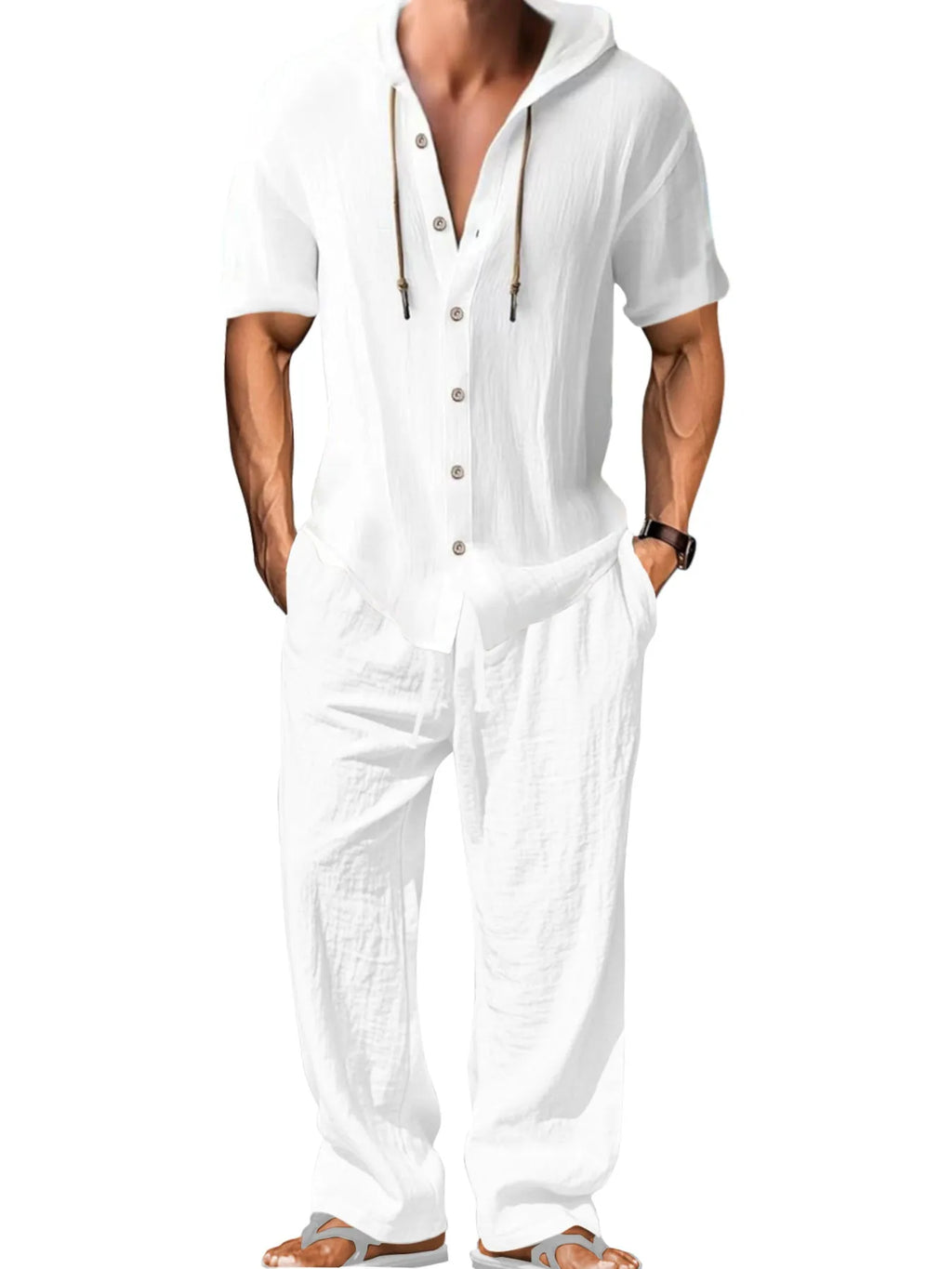 Men's two-piece cotton sportswear leisure suit in a classic colour on a hanger
