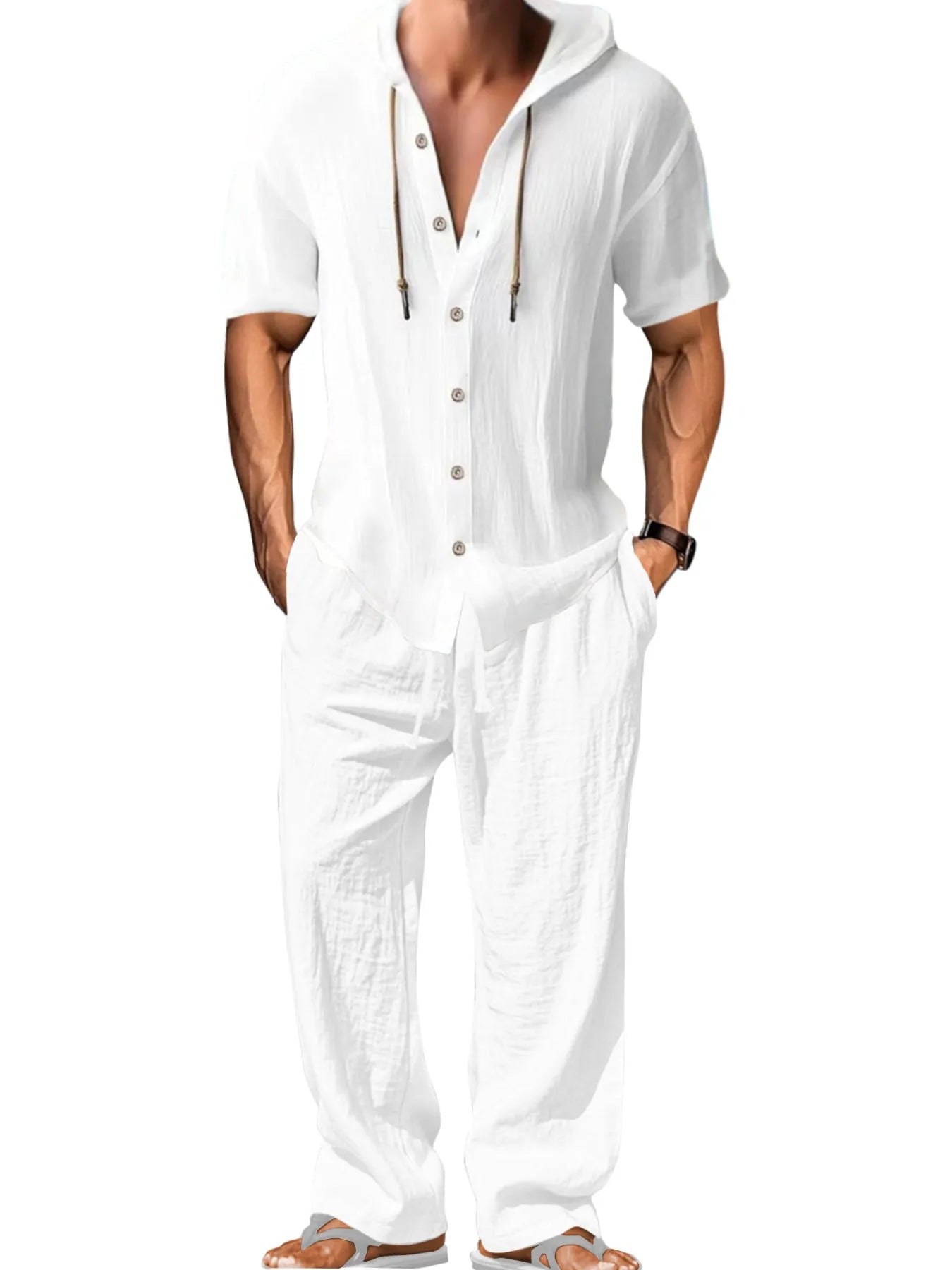 Men's two-piece cotton sportswear leisure suit in a classic colour on a hanger