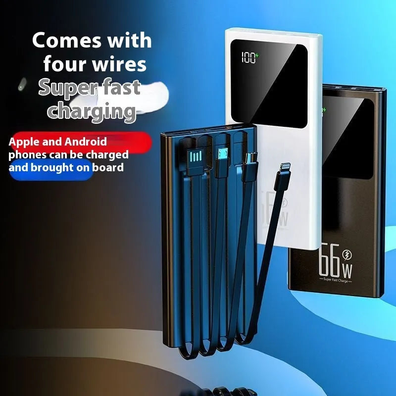 Ultra-thin portable power bank in plastic shell with fast charging, available in black, white, purple, blue, 10000-50000mAh