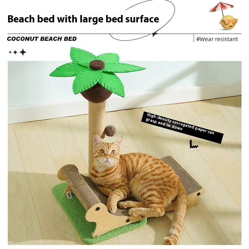Wooden beach chair style cat climbing frame with a scratch board and hemp mat.
