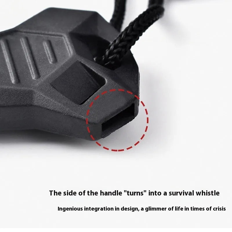 Black outdoor multifunctional flint with magnesium rod, stainless steel scraper, and survival whistle.