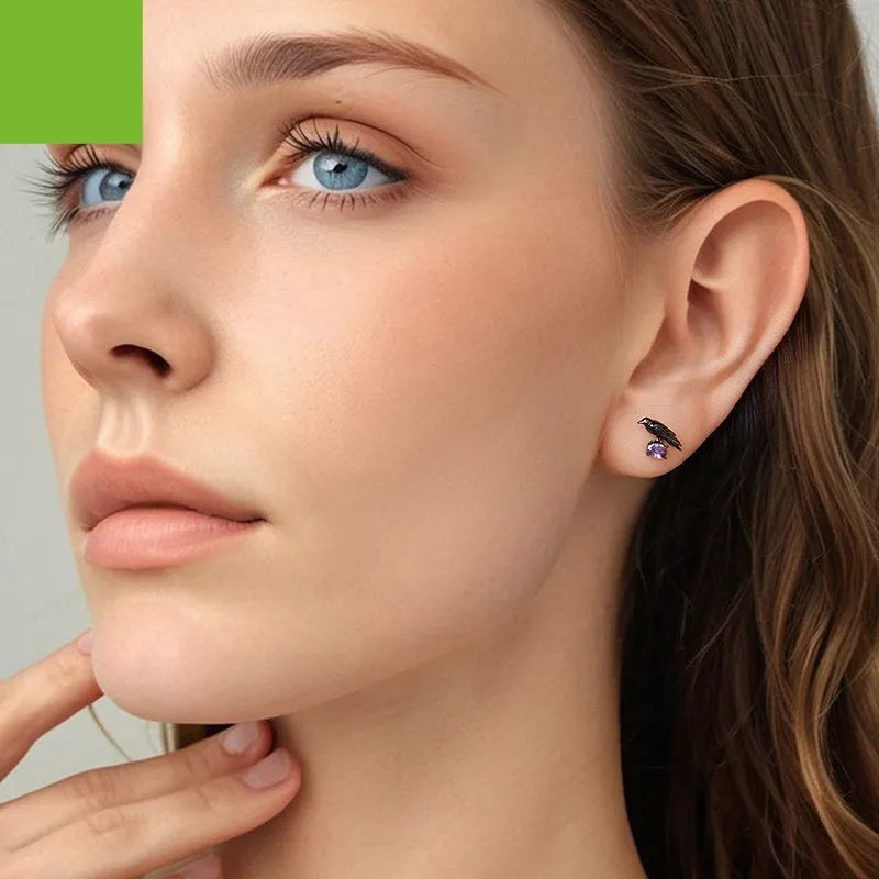 Halloween dark style crow stud earrings in S925 sterling silver with black electroplating for women