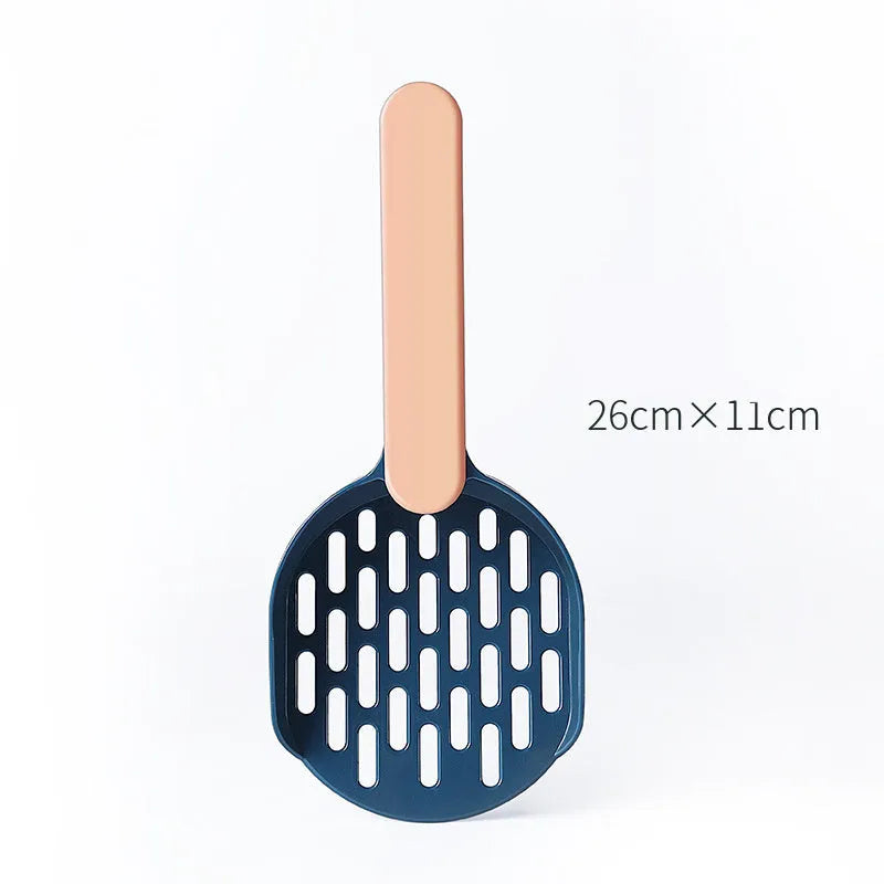 Plastic cat litter shovel in blue colour showing scoop design for litter box cleaning