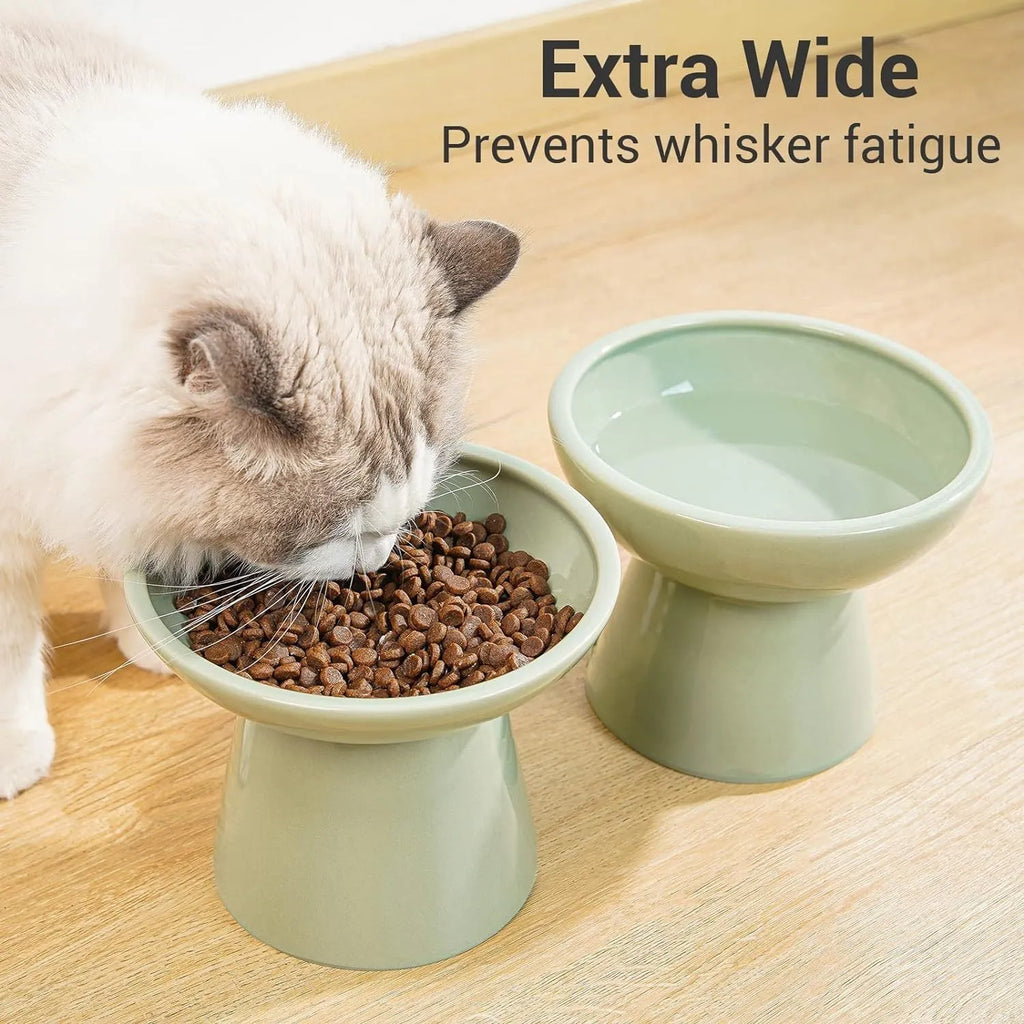 Blue elevated ceramic cat bowl with wide shallow dish for food or water.