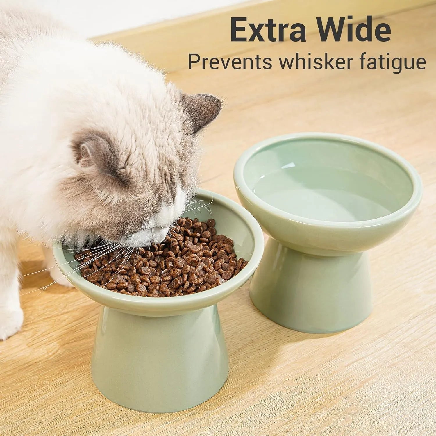 Blue elevated ceramic cat bowl with wide shallow dish for food or water.
