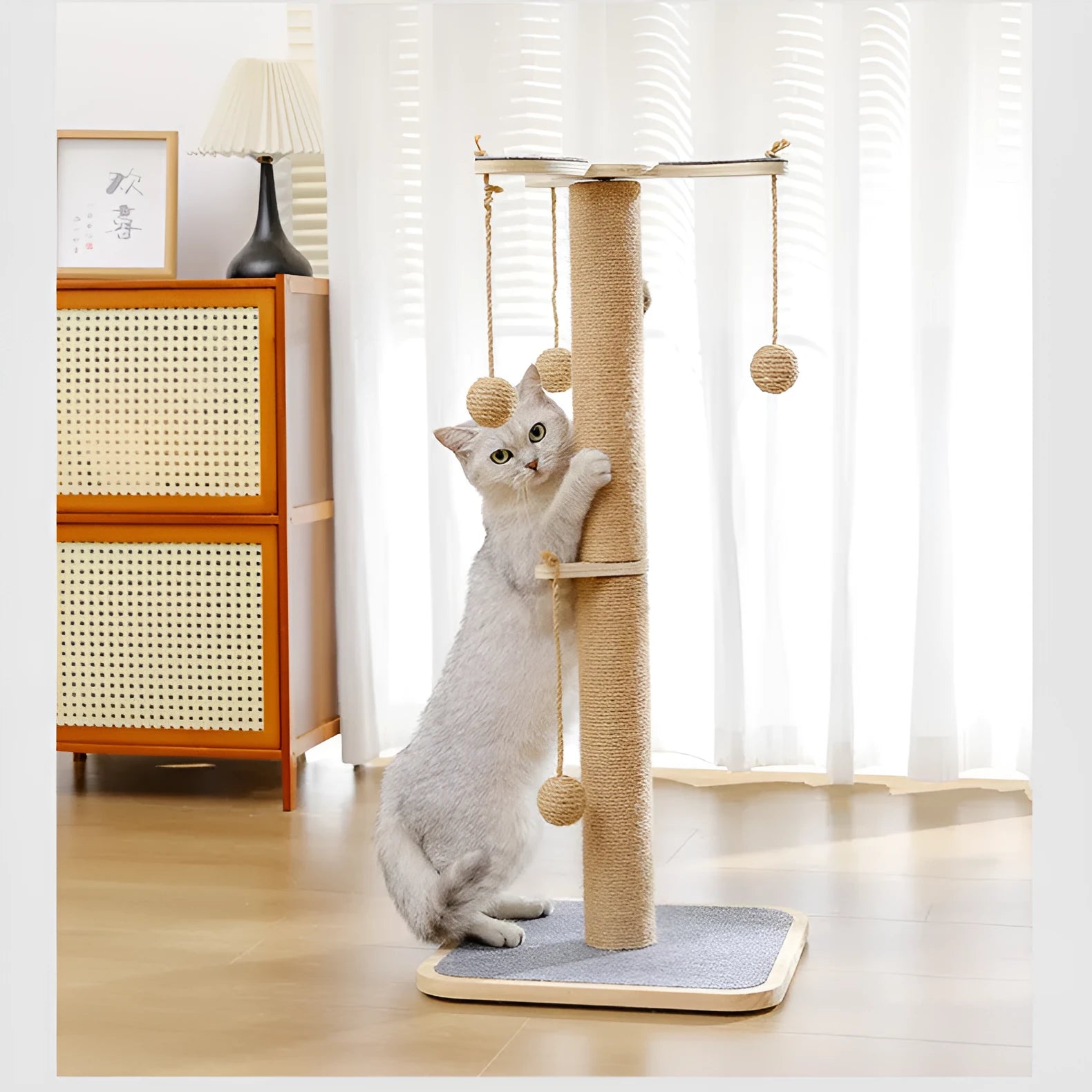 A simple-style cat climbing frame with a carpet leather cover and a windmill hanging ball.