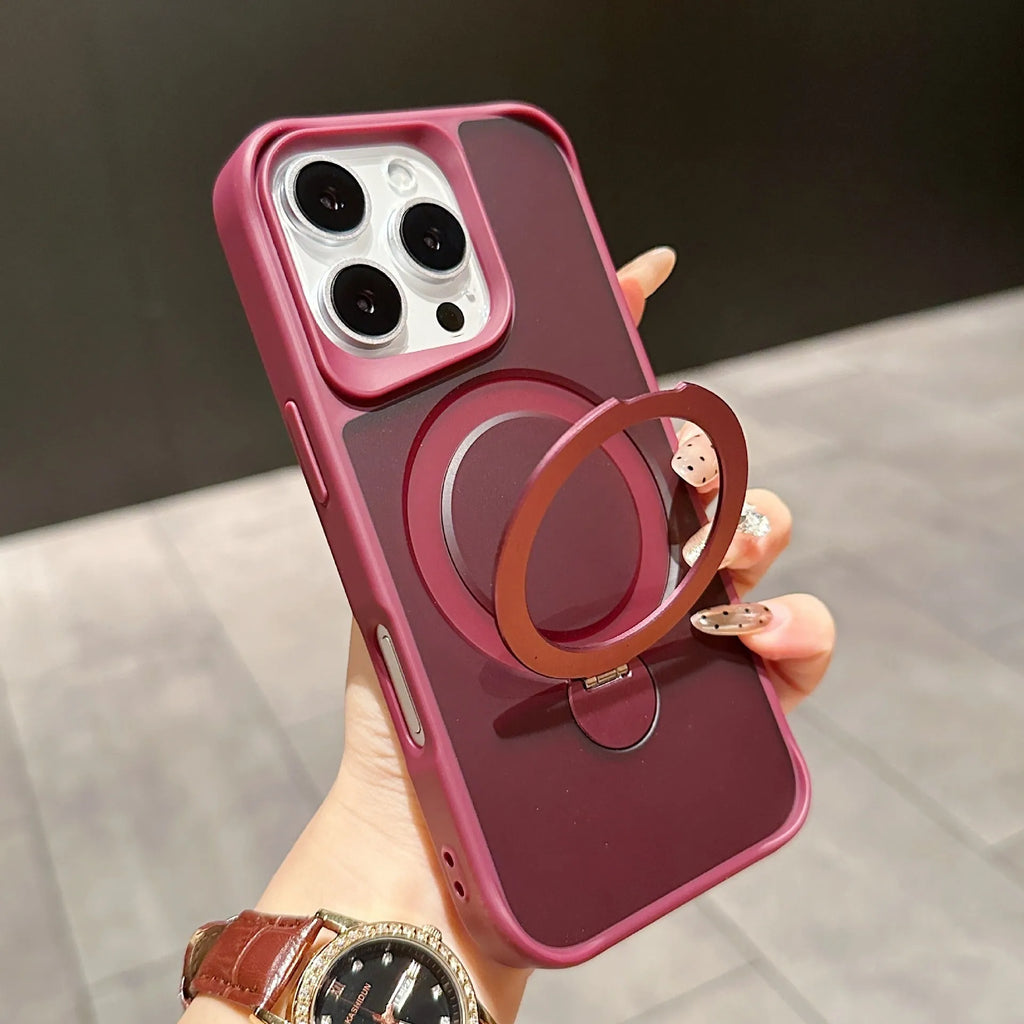 Frosted TPU PC magnetic phone case for iPhone 16 Pro with 360 rotating bracket, black colour