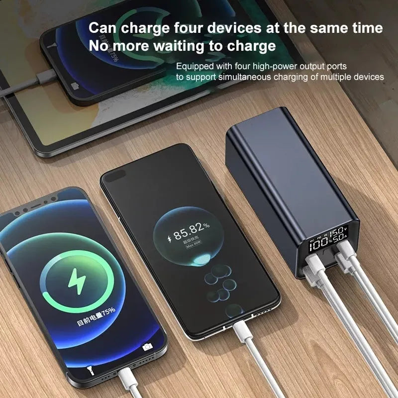 Black aluminium alloy 65W power bank with 20000mAh capacity for laptop charging, shown next to a charging cable.