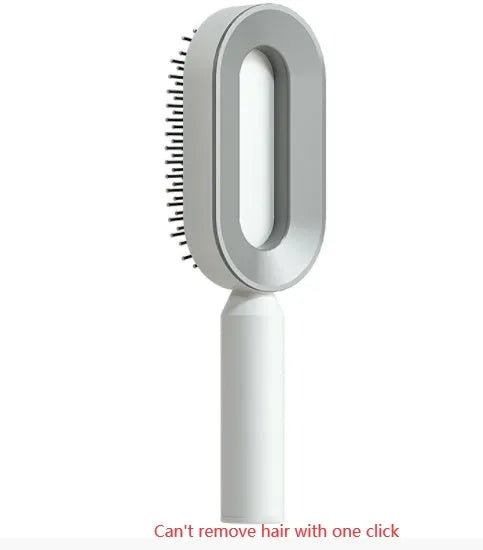 Self-cleaning air cushion hair brush in white, black gold, or black purple with ergonomic handle