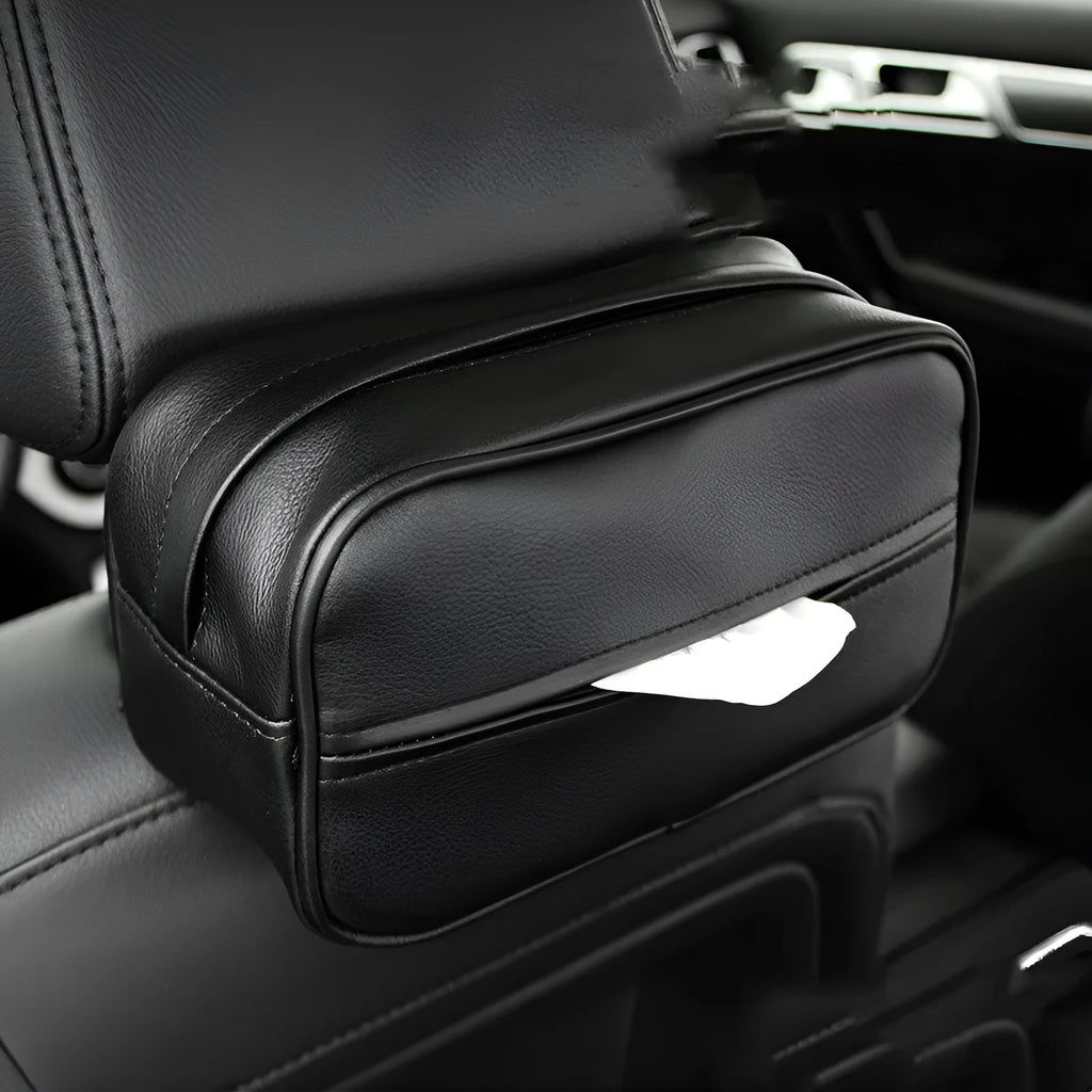Black and beige PU leather hanging storage box for car, home and outdoor use.
