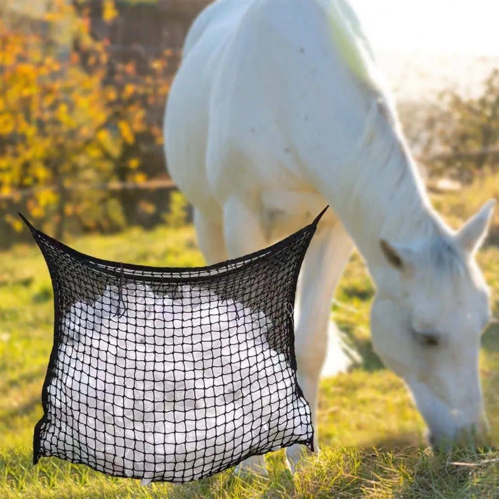 Woven polyethylene rope horse feeding bag with grid design in black colour