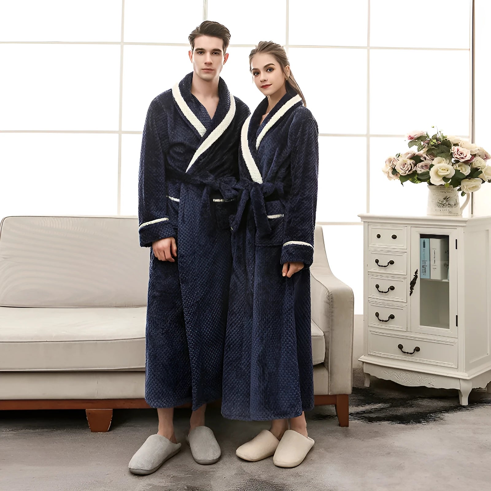 Unisex winter bathrobe thick flannel solid colour gown for couples available in black green orange red sizes M to 3XL