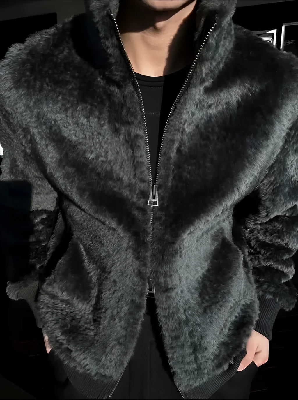 Men's black plush lined zipper jacket for autumn and winter, front view