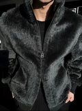 Men's black plush lined zipper jacket for autumn and winter, front view