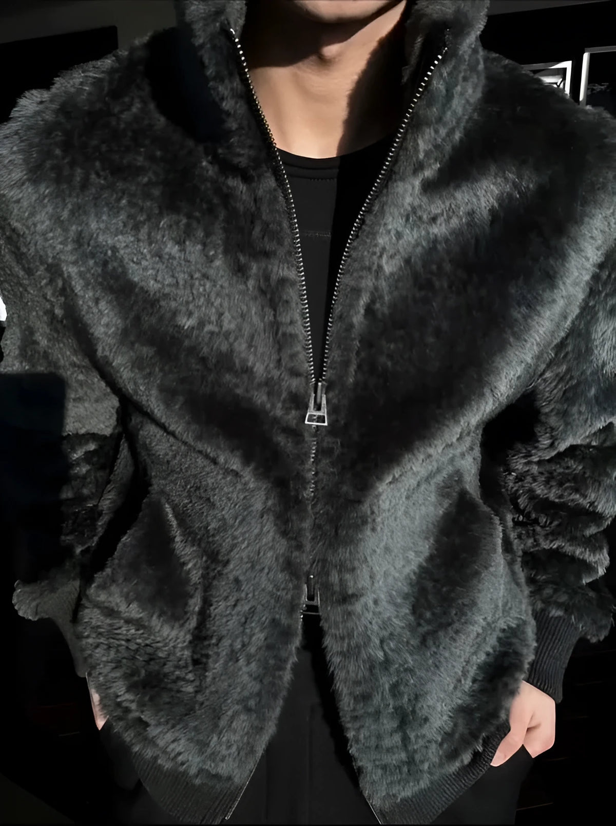 Men's black plush lined zipper jacket for autumn and winter, front view