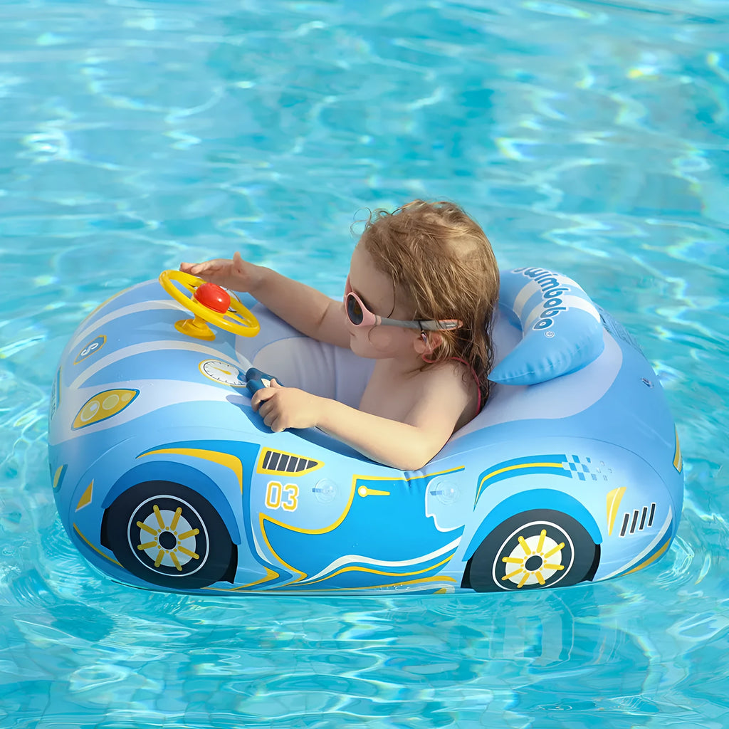 Pink inflatable car swimming ring for kids with a steering wheel, for pool and beach use.