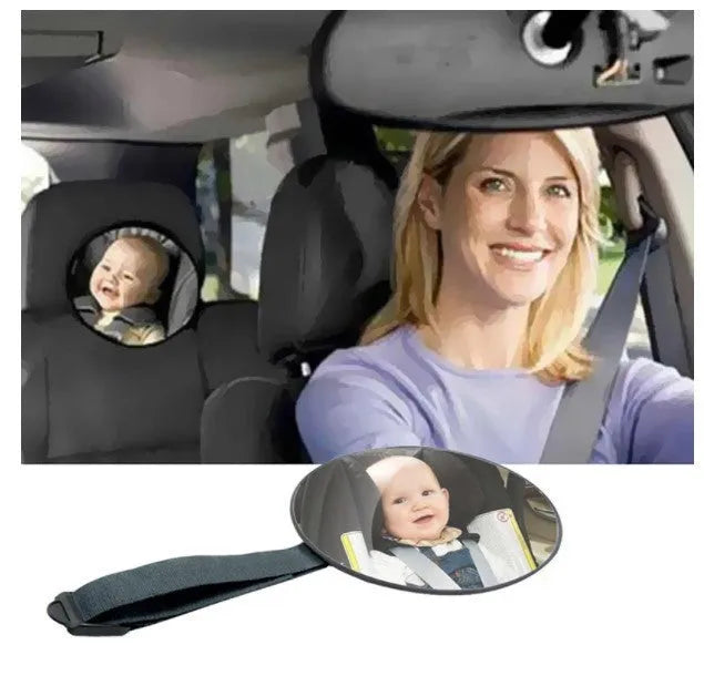 Black ABS baby safety rearview mirror with 17cm glass and adjustable strap for car seat monitoring.