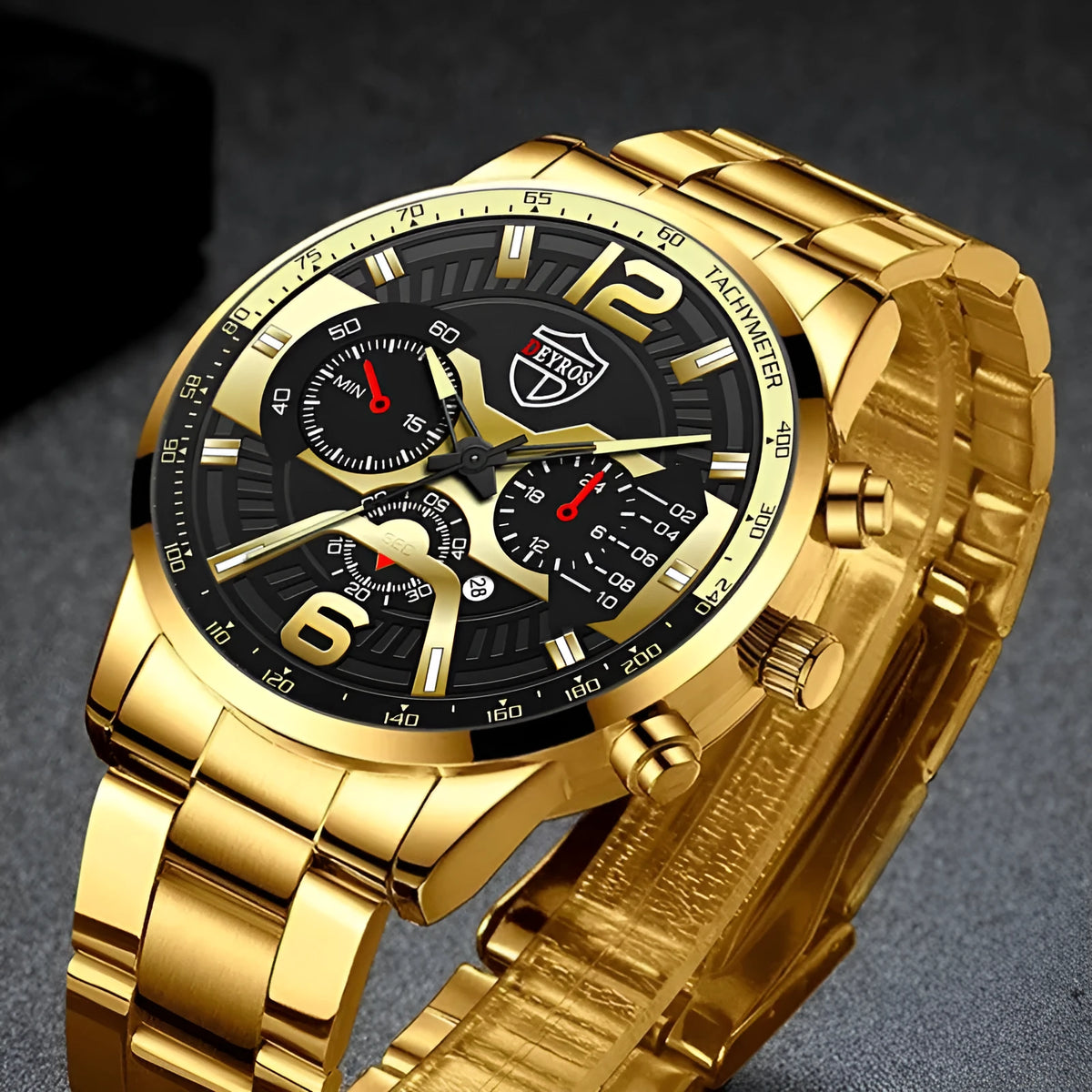 Men's business watch with steel band, calendar display, and black dial on light background