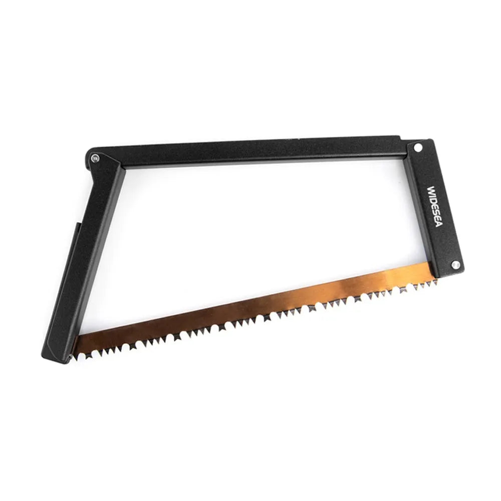 Black outdoor foldable saw with aluminium handle shown in open and closed positions.