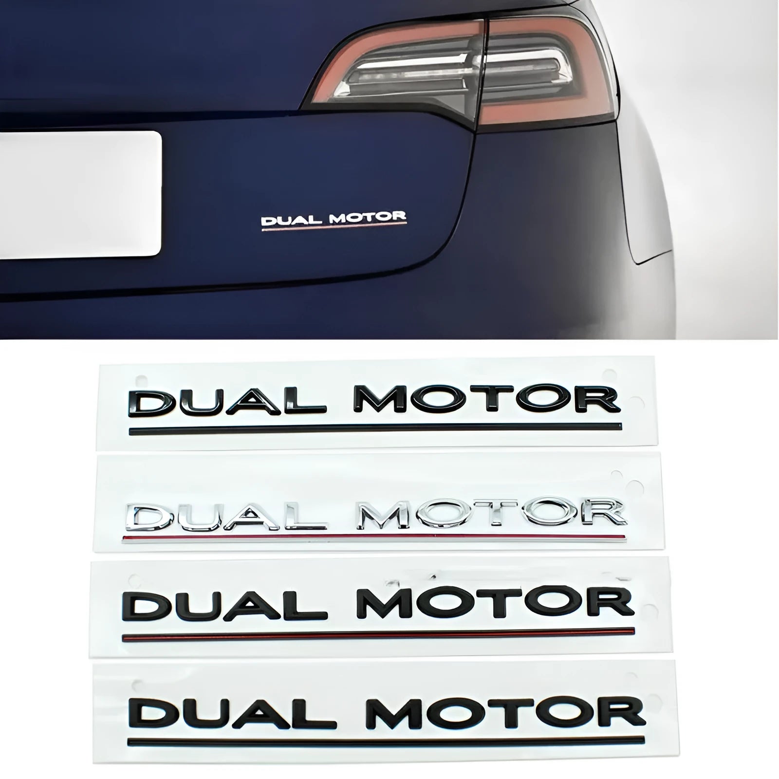 ABS plastic double motor performance badge sticker for Tesla Model 3 bumper.