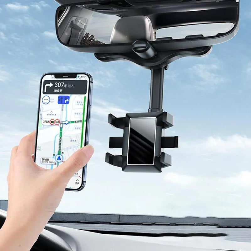 Black rearview mirror car phone holder showing 360-degree rotation and telescopic arm extended