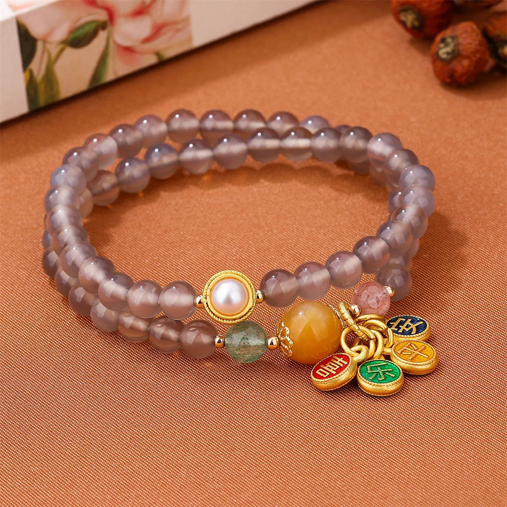 Natural grey agate bracelet with two circles and safe and happy design for women