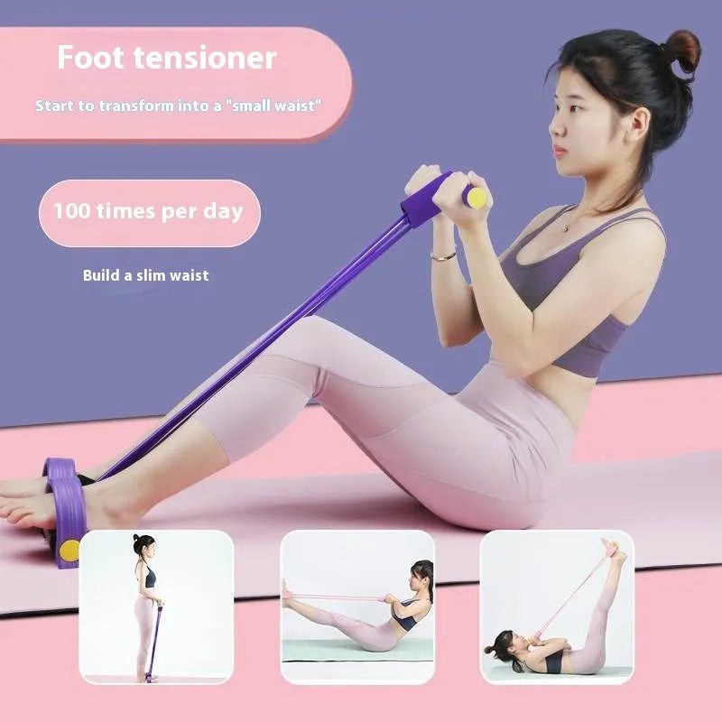 Four-piece yoga fitness set showing leg stretcher, yoga ring, pedal puller, and figure-eight tension rope.