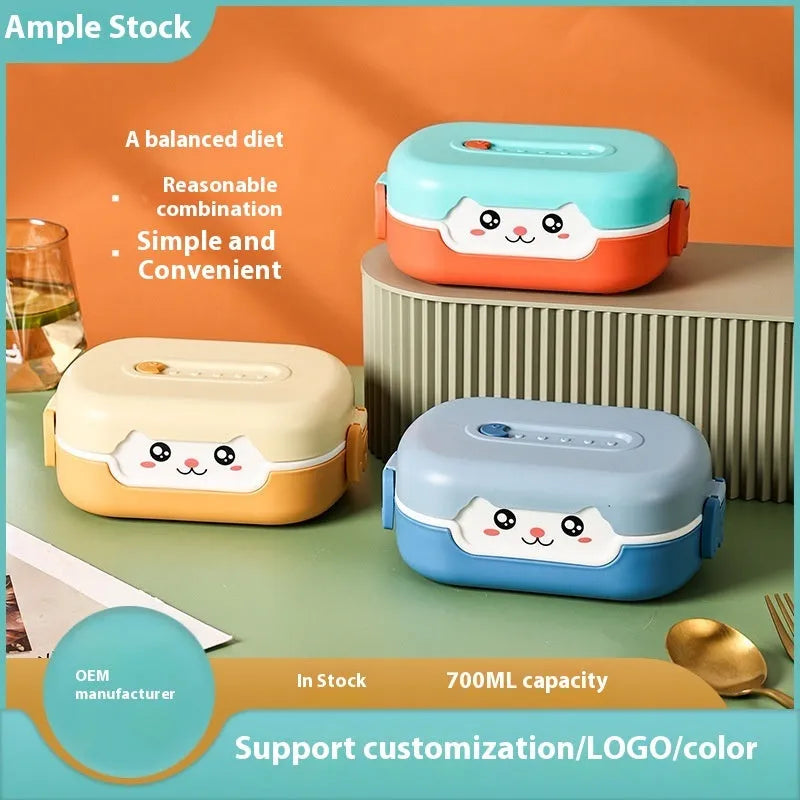 Square plastic divided lunch box with cartoon design in blue, pink green, or orange colour options