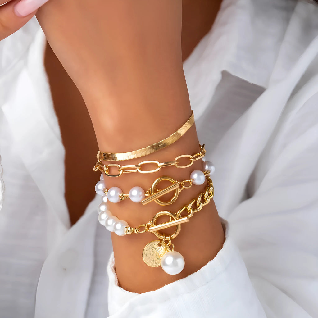 Gold alloy bracelet set with multi-portrait pearl and cartoon character design for women