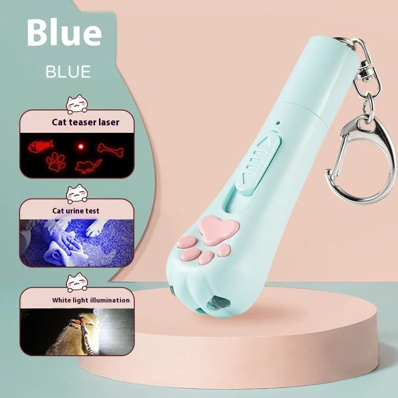 Rechargeable cat teaser toy with a light, shown in pink, cream, and sky blue colour options.