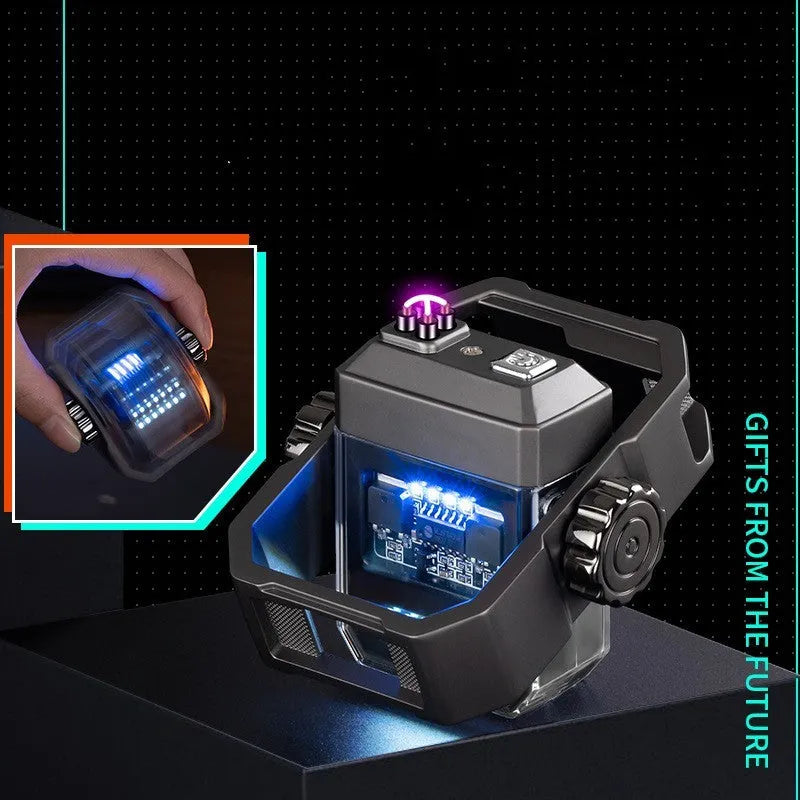 Blue windproof plasma electric lighter with a spinning metal gyroscope and USB Type-C charging port