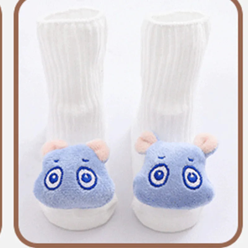 Cotton baby socks with non-slip soles in multiple designs including bows, stars, and animal prints.