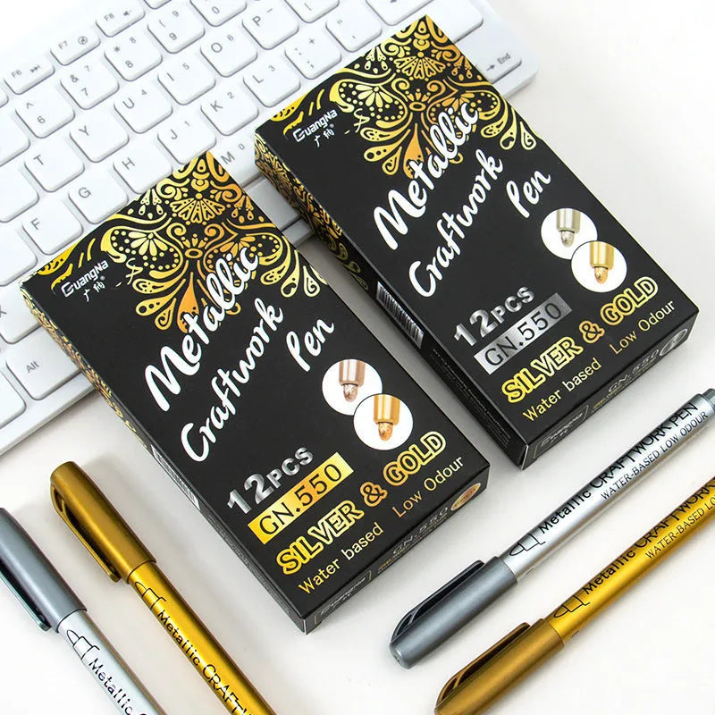 14cm metal paint pen with gold and silver ink options in plastic shell