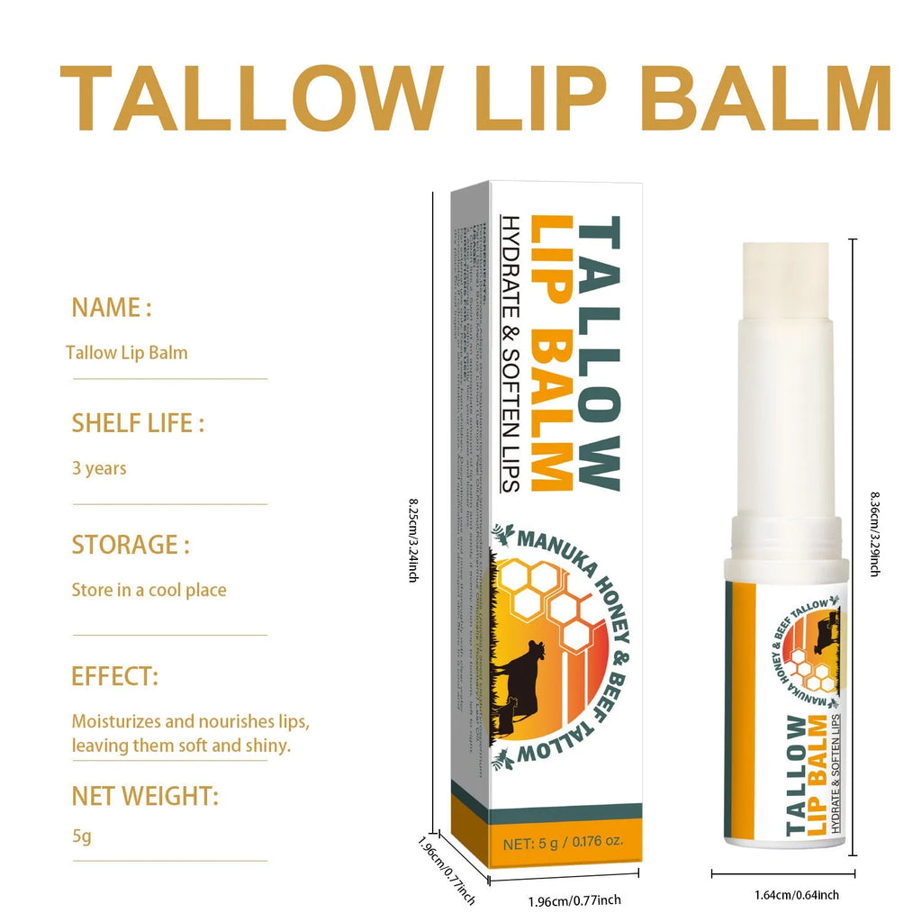 Tallow lip balm stick showing 83mm length with 5g content in twist-up format