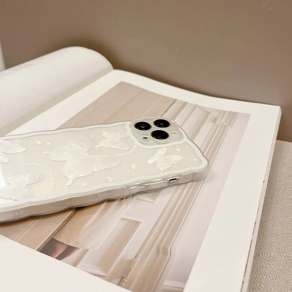 Transparent white crystal butterfly TPU phone case for iPhone 12 to 15 models, painted design