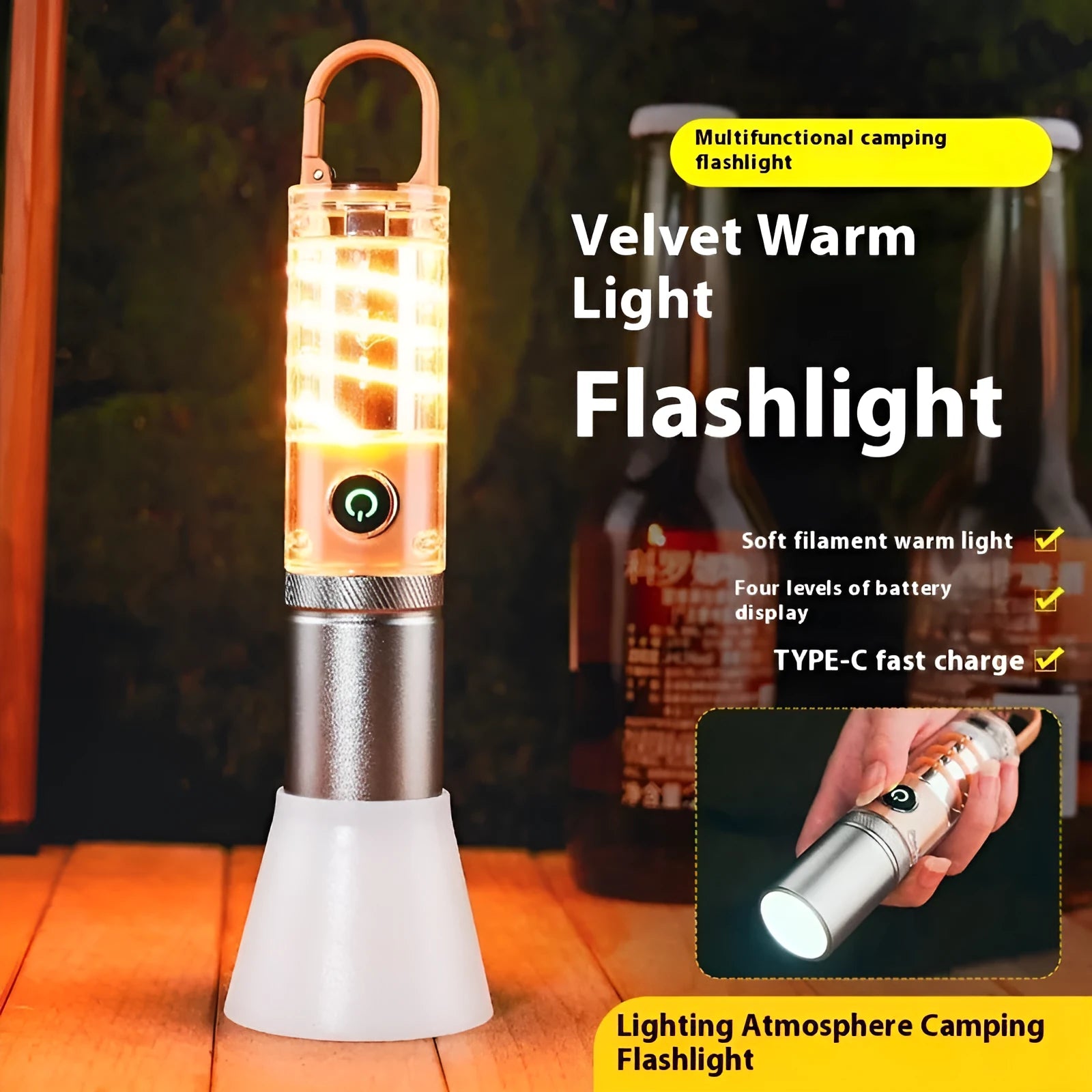 Orange 10W LED flashlight with dual light source, optical zoom, and USB charging cable
